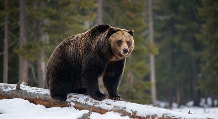 Fototapeta premium Majestic Grizzly Bear Standing on Snowy Log in Winter Forest.