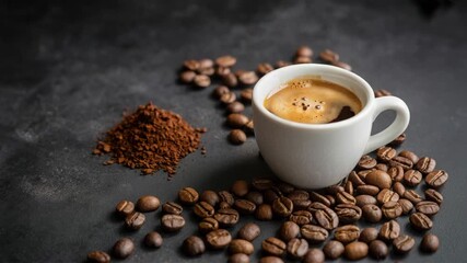 Rich espresso steaming in a white cup surrounded by roasted coffee beans and a pile of instant granules, perfect for morning energy and cafe branding. - Powered by Adobe