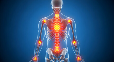 Human skeletal system with glowing joints and spine