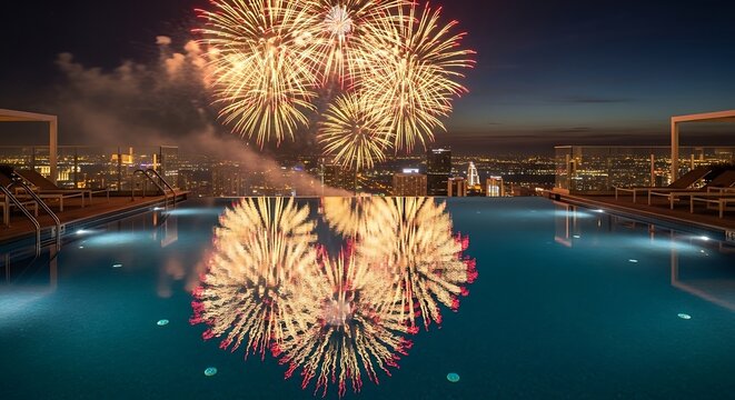 Fireworks Over City Reflected in Rooftop Pool