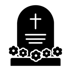Illustration of a tombstone with a cross and flowers, set against a plain transparent background