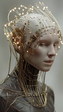 A life-sized, pale, bio-robot with a futuristic golden wire-framed head adorned with tiny lights against a pale background