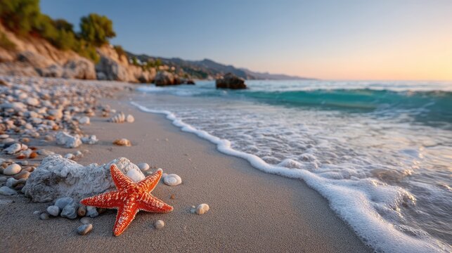 Vibrant orange starfish with white spots rests on fine sand next to gentle ocean waves under a warm sunset sky on a rocky beach