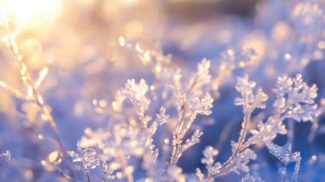 Close up of frosted plants with blurred background and sparkling bokeh effect