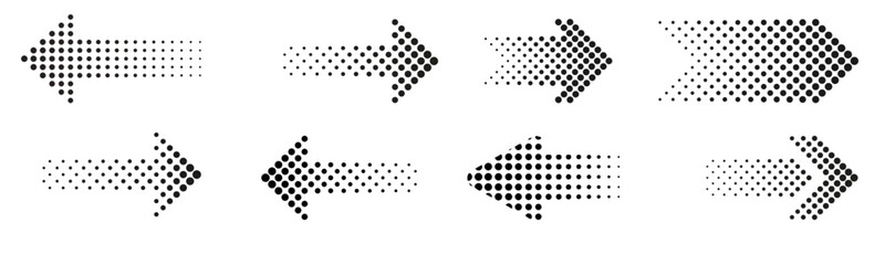 Halftone arrow icons, black direction symbol, dotted pointer, straight arrow with fade effect. Vector set 