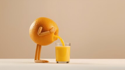 Anthropomorphic orange cheerfully pours fresh juice into a glass, spreading joy and freshness.