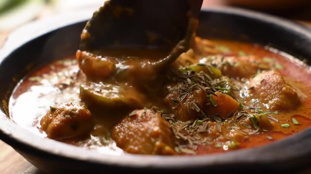 A close-up view of a flavorful dish with chicken, submerged in a rich, reddish sauce, seasoned with herbs, served in a black bowl