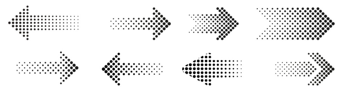 Halftone arrow icons, black direction symbol, dotted pointer, straight arrow with fade effect. Vector set 