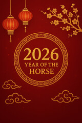 A luminous golden horse symbolizing the 2026 Chinese zodiac gallops across a festive red background with celebratory fireworks for the Lunar New Year