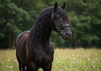 Majestic Black Friesian Horse Standing Gracefully in a Lush Green Meadow.