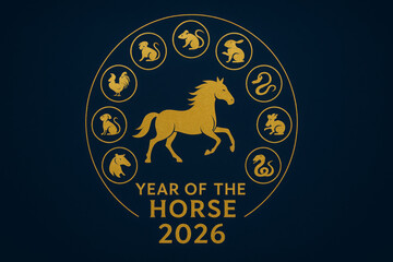 Golden horse illustration for the Chinese New Year 2026, celebrating the Year of the Horse with traditional red lanterns and fireworks