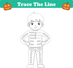 Trace line worksheets for children. Preschool handwriting practice with kids halloween. Vector illustration