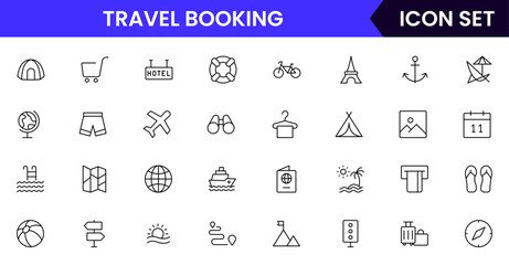 Travel Booking vector web line icon collection, sleek illustrations of tickets, maps, luggage, planes for seamless, adventurous designs.