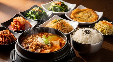 Traditional Korean Feast with Kimchi Stew and Assorted Side Dishes.
