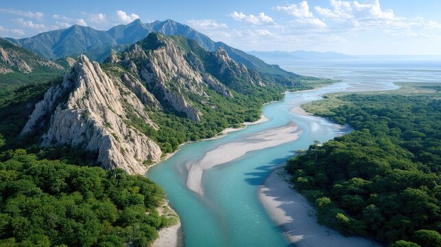 Vast Scenic Hilltop Vista With A Winding Turquoise River Flowing Through Lush Green Forests And Jagged Mountains Under A Bright Blue Sky With Wispy Clouds