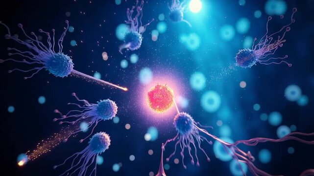 3D Animation of Antibody T Cells or NK Cells Attacking Cancer Cell or Virus. 
