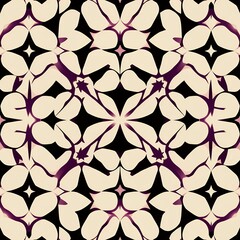 Fototapeta premium Geometric pattern of cream colored petal shapes with dark purple outlines against a black background
