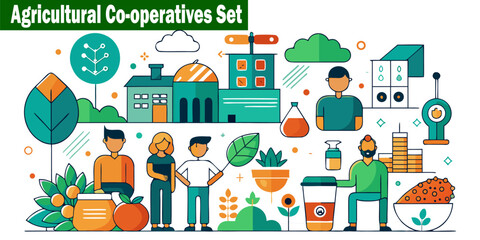 Obraz premium Agriculture Cooperatives Set. Farming Community Agriculture Business, Partnership Collaboration, Organization, Network, Teamwork, Support, Flat Vector, Eco Sustainable Development. 