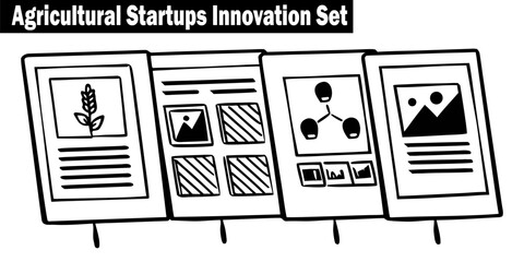 Agricultural Startup Innovation Vector Presentation Outline Icons: Seedling, Chart, Analysis, Development, Growth, Strategy, Marketing, Plan elements. 