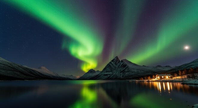 Majestic Aurora Borealis over Snowy Mountains and Reflective Lake with Cabin