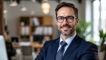 Fototapeta premium Portrait of a handsome business leader. Professional man with glasses smiling in a modern office environment.