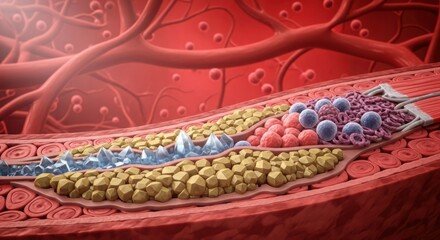 Microscopic view of blood clot formation in a red blood cell stream illustration