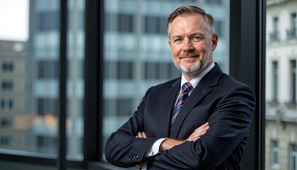Fototapeta premium Portrait of a handsome business leader. Confident businessman posing in a modern office with cityscape backdrop.
