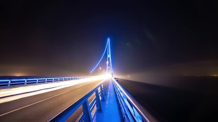 Futuristic bridge at night, illuminated in electric blue, dynamic light trails from vehicles in a long exposure, symbolizing modern engineering and urban speed - Powered by Adobe