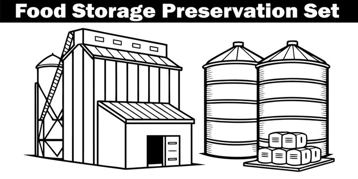 Storage Preservation Set Agriculture Silos Warehouse Vector Illustration. Food Building Preservation. Preservation Storage Structures, Granaries, Farmhouse elements. 