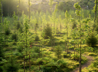 Fototapeta premium Lush Forest of Young Trees Bathed in Golden Sunlight A Vibrant Display of Nature's Renewal