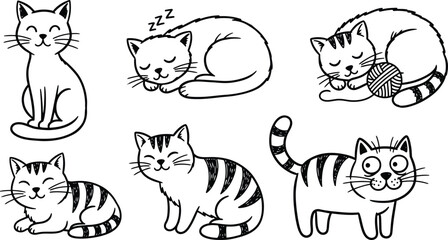 Cute sleeping cat doodle illustration. Kawaii tabby kitten napping peacefully. Hand-drawn black and white cartoon character sketch.
