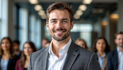 Fototapeta premium Portrait of a handsome business leader. Confident businessman standing in a modern office with colleagues in the background.
