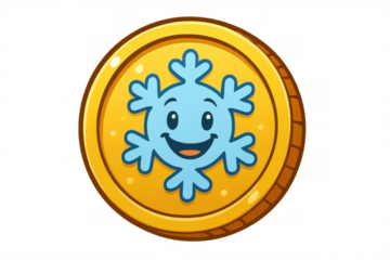 Gold coin featuring smiling cartoon snowflake symbol, game currency icon, winter season theme, transparent background