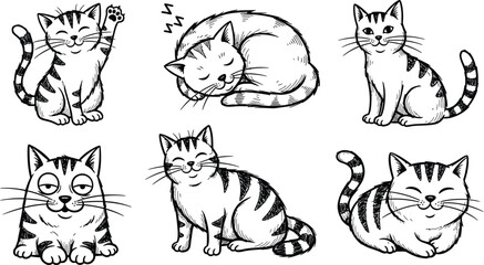 Cute sleeping cat doodle illustration. Kawaii tabby kitten napping peacefully. Hand-drawn black and white cartoon character sketch.