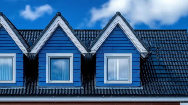 Three dormer windows with blue siding on a dark tiled roof under a bright blue sky