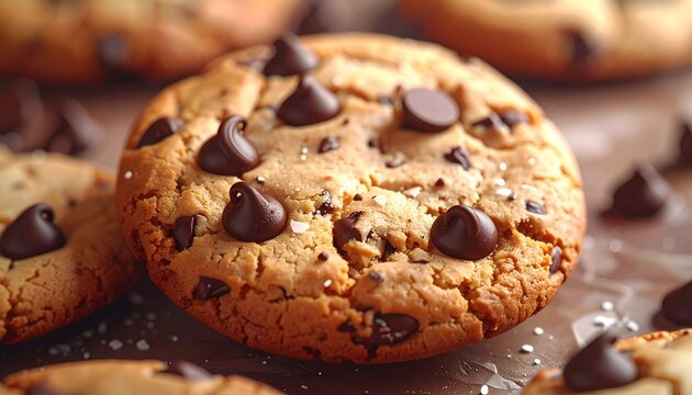 Chocolate Chip Cookies Freshly Baked on Baking Sheet in Closeup