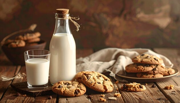 Chocolate Chip Cookies with Milk in Glass Bottle and Glass on Rustic Wooden Table