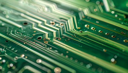 Close Up Green Printed Circuit Board with Electronic Traces and Components
