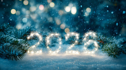 2026 sparkler numbers in snowy pine branches new year