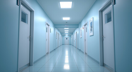 Naklejka premium Long hospital corridor with blue walls and white doors