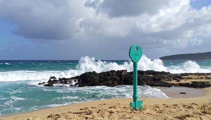 Large Green Key on Sand Beach with Crashing Waves