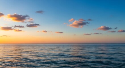 Serene Ocean Horizon at Sunset with Colorful Clouds.