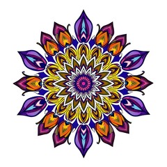 Intricate multicolored mandala design with floral petal patterns and symmetrical arrangement