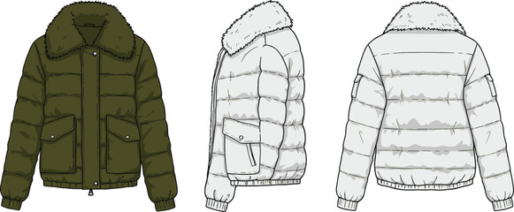Puffer jacket technical flat sketch, fur collar winter coat vector design, apparel CAD template, padded outerwear sewing pattern illustration