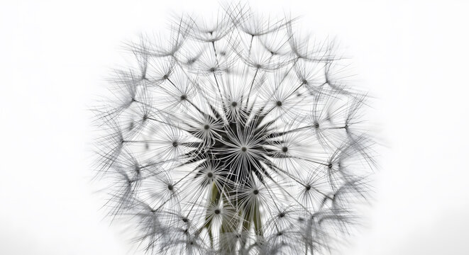 Close up macro of a white dandelion seed head against a white background - Powered by Adobe