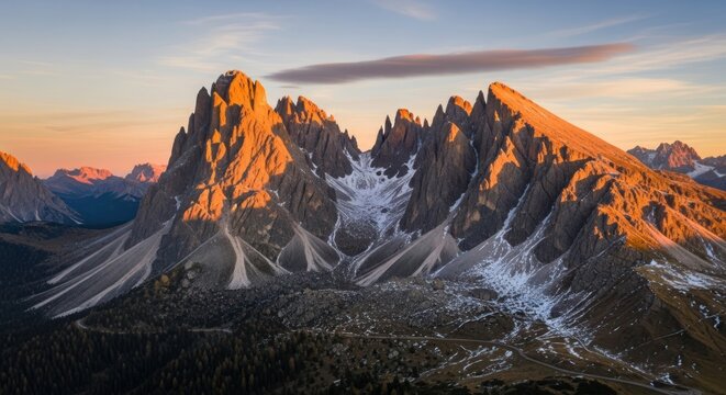 Majestic Odle Peaks at Sunrise: Golden Light on Dolomite Mountains