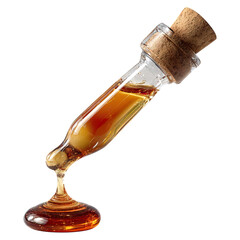 Floating drops of pure vegetable oil concept. A glass vial filled with golden liquid, dripping slowly.