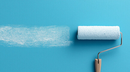 Obraz premium Paint roller applying white paint on blue textured wall