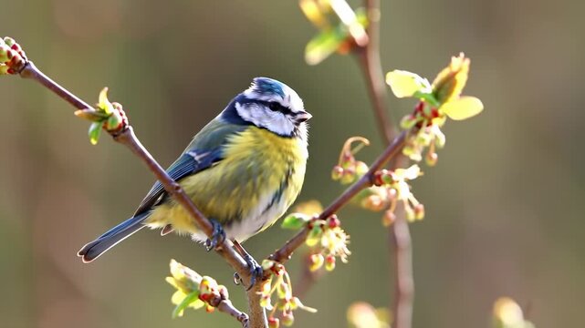 A small bird with blue, yellow, and white plumage perches on a twig with new budding leaves. The background is softly out of focus