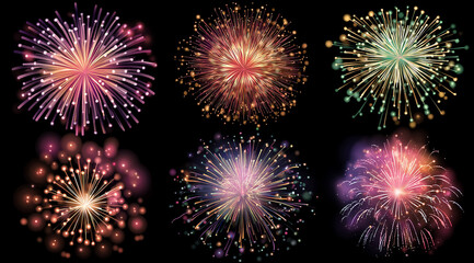 Naklejka premium Six colorful fireworks exploding in the night sky explosion